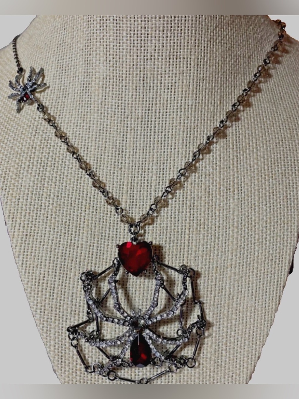 BETSEY JOHNSON Halloween Domed Spider & Web Crystal Accented Necklace NEW NWT
